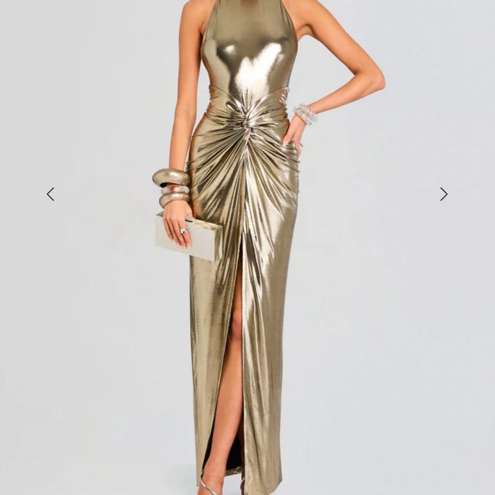 Anita Gold Metallic Backless Halter Gown